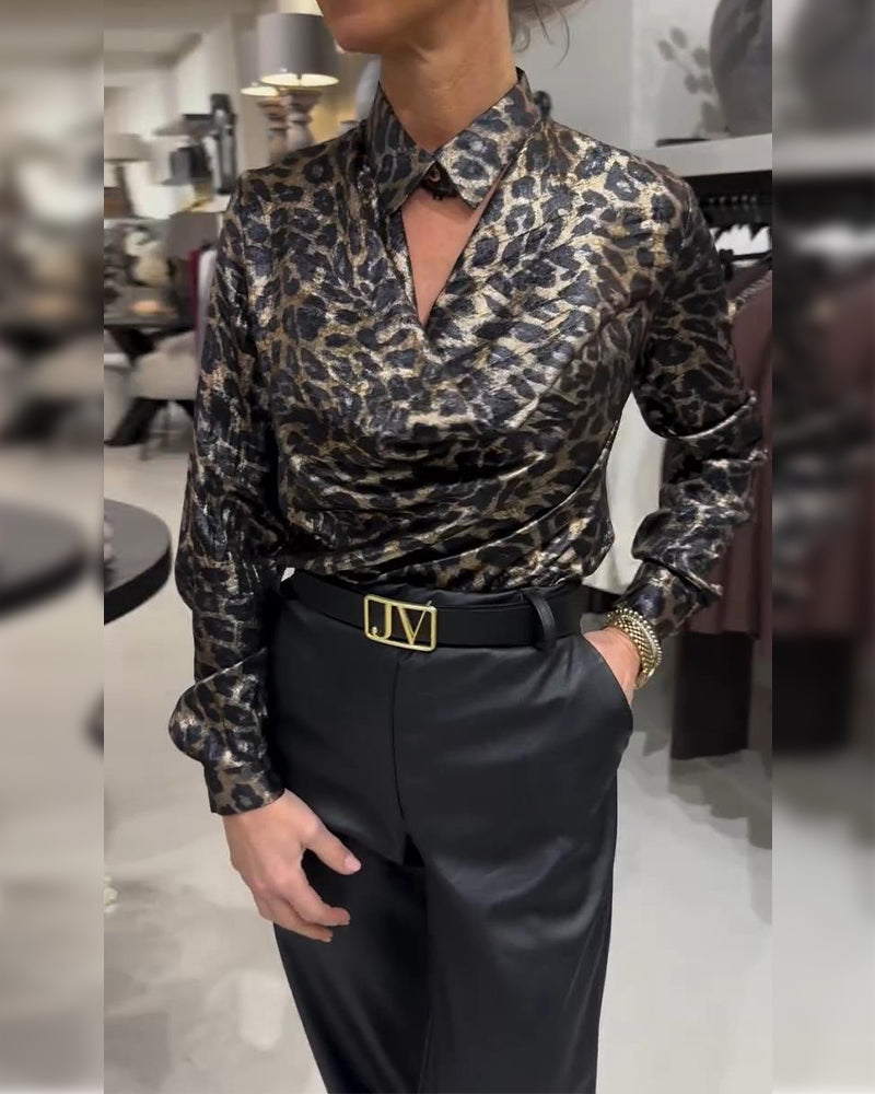 Elegant Leopard Print Blouse with Draped Collar