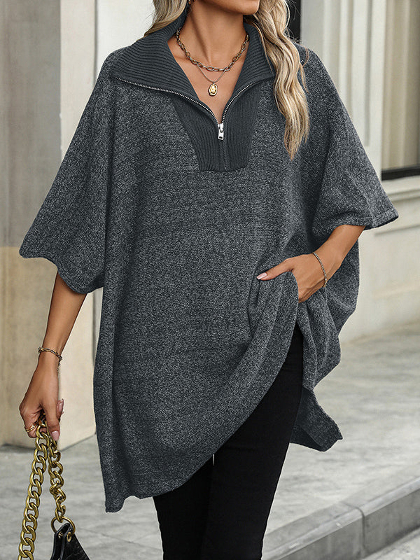 Olivia - Zip Collar Knit Sweater Poncho