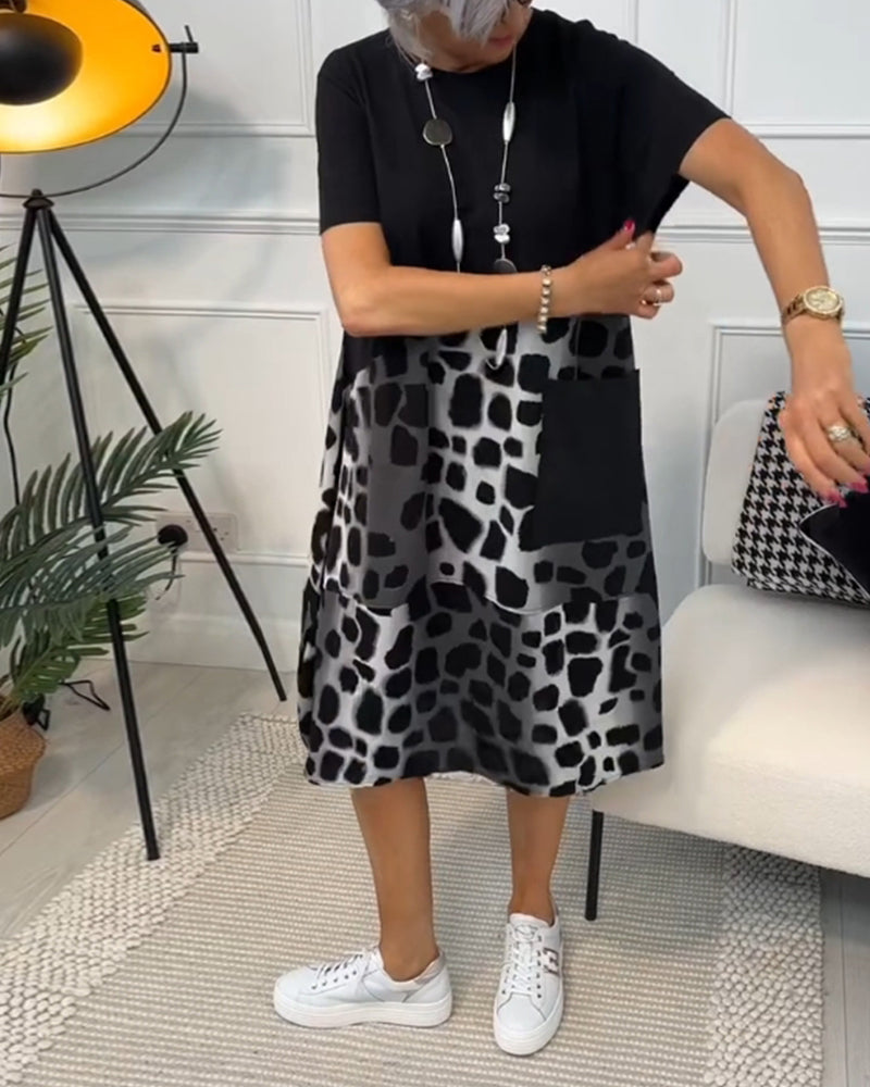 Printed Short Sleeve Dress with Round Neck