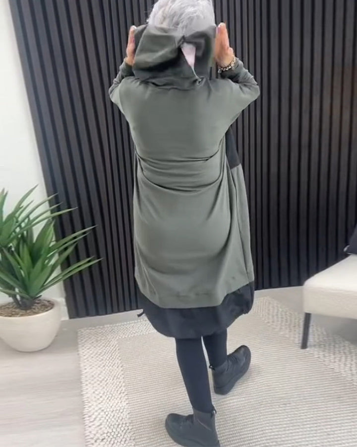 Casual Hooded Dress with Color Block Letter Print and Pocket