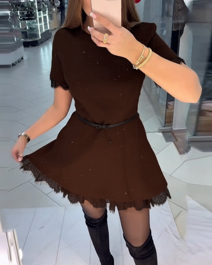 Shimmering Lace Dress with Short Sleeves and A-Line Cut