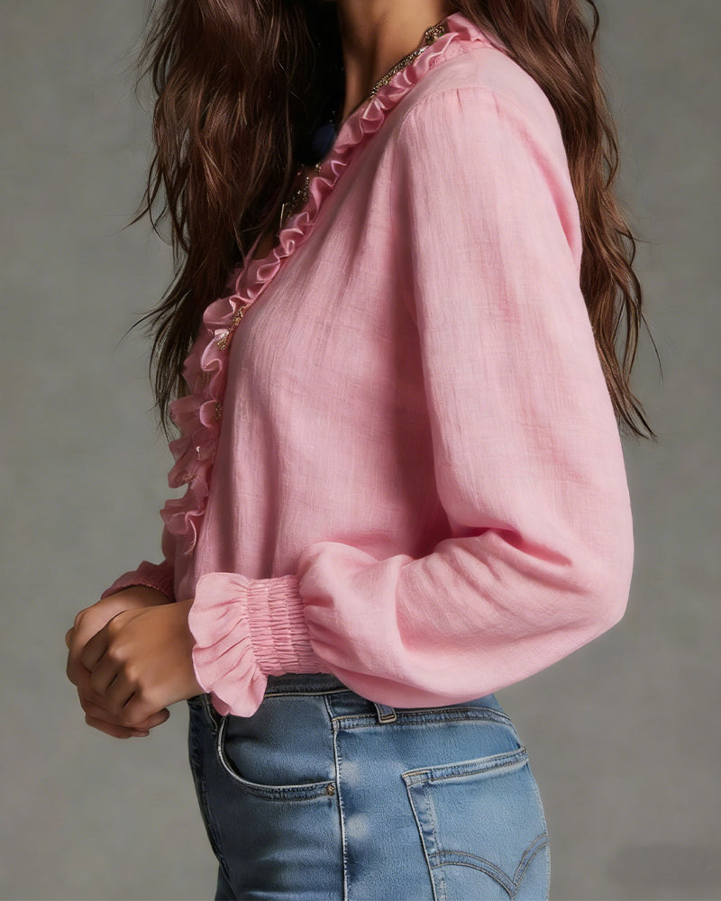 Elegant Ruffled Half-Zip Blouse