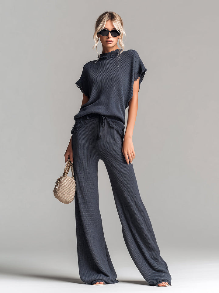 Hazel Chic Elegant Dark Gray Round Neck Short-Sleeve Loose-Fit Sweater Wide-Leg Pants Lace Details Ribbed Knit Two-Piece Set