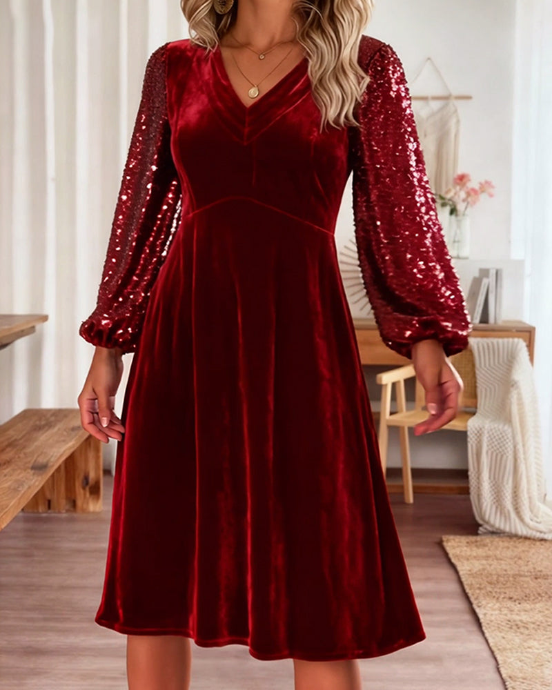 Casual Solid Velvet Dress with V-Neck