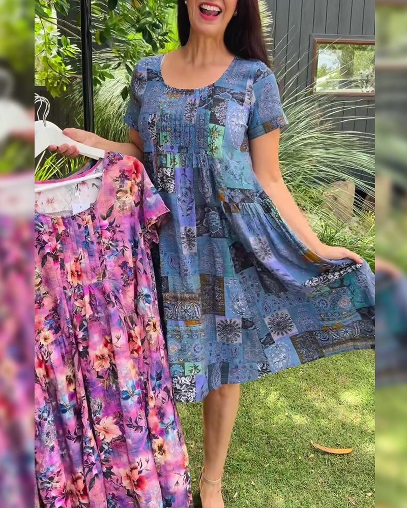 Pleated Printed A-Line Round Neck Dress