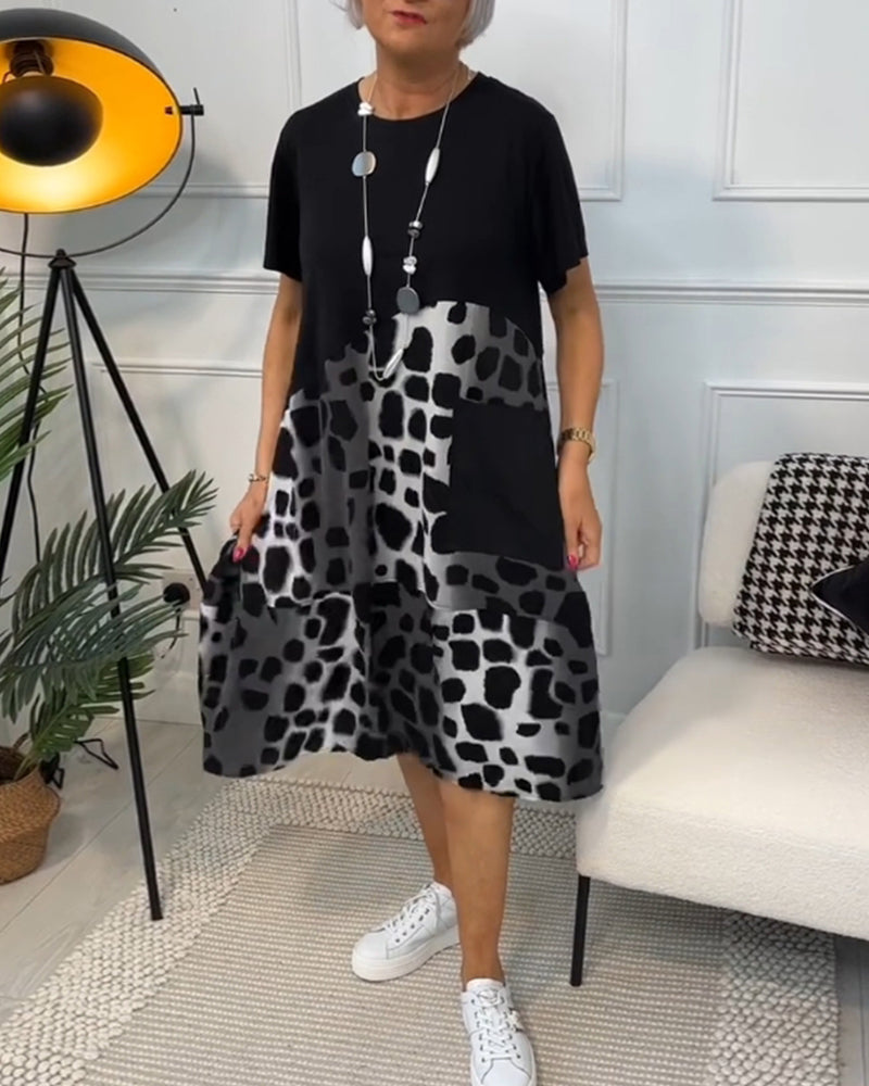Printed Short Sleeve Dress with Round Neck