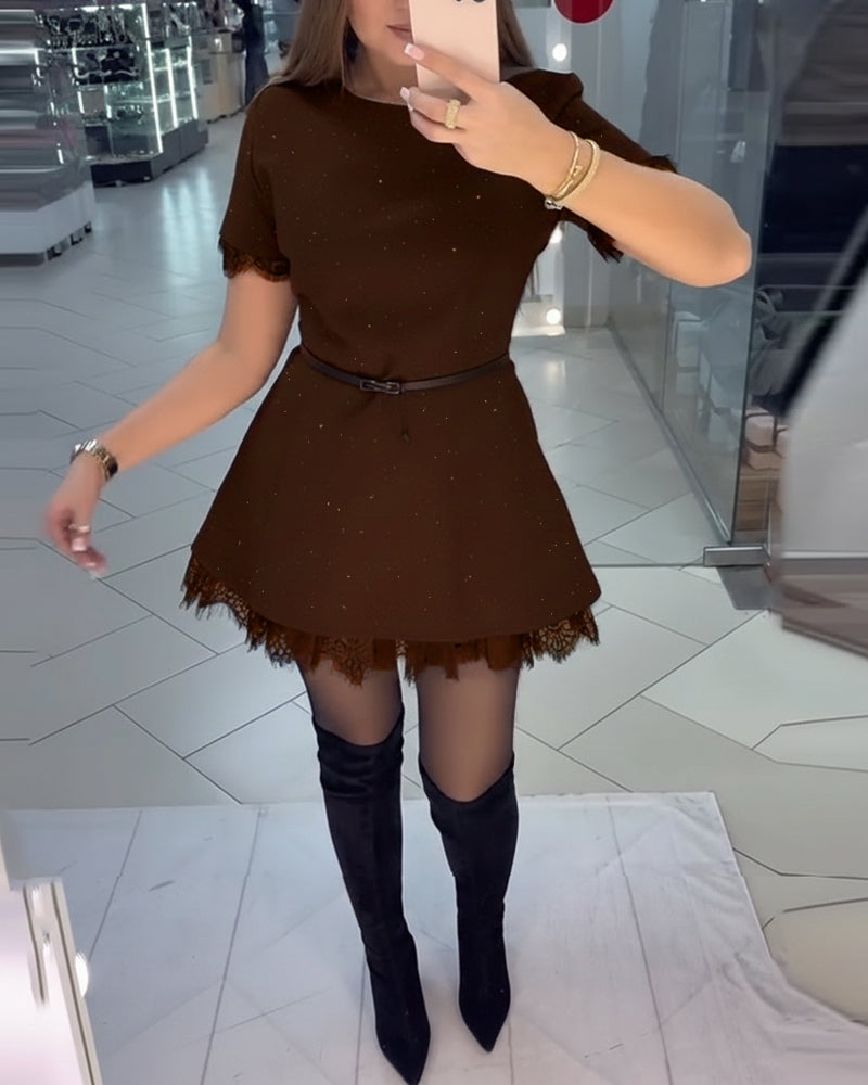 Shimmering Lace Dress with Short Sleeves and A-Line Cut