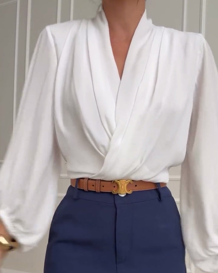 Trendy Lantern Sleeve Blouse with Solid Color V-Neck