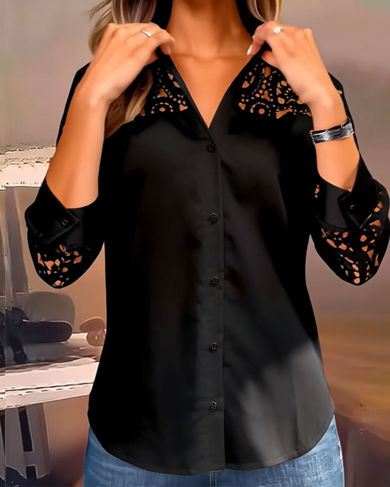 Solid Color Blouse with Lace Reverse Patchwork