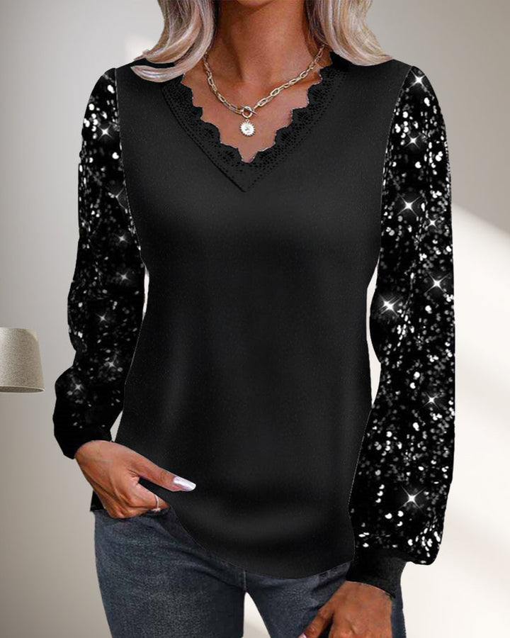 Casual Solid Color Glitter Top with V-Neck