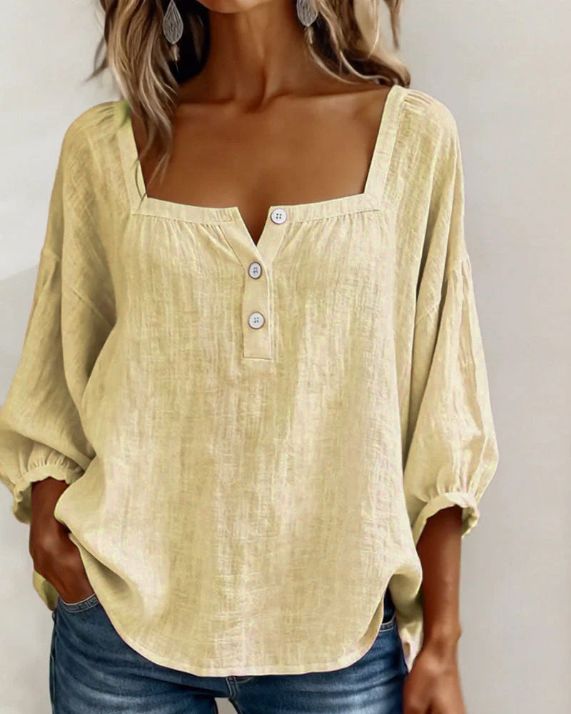 Simple Square Collar Long Sleeve Shirt