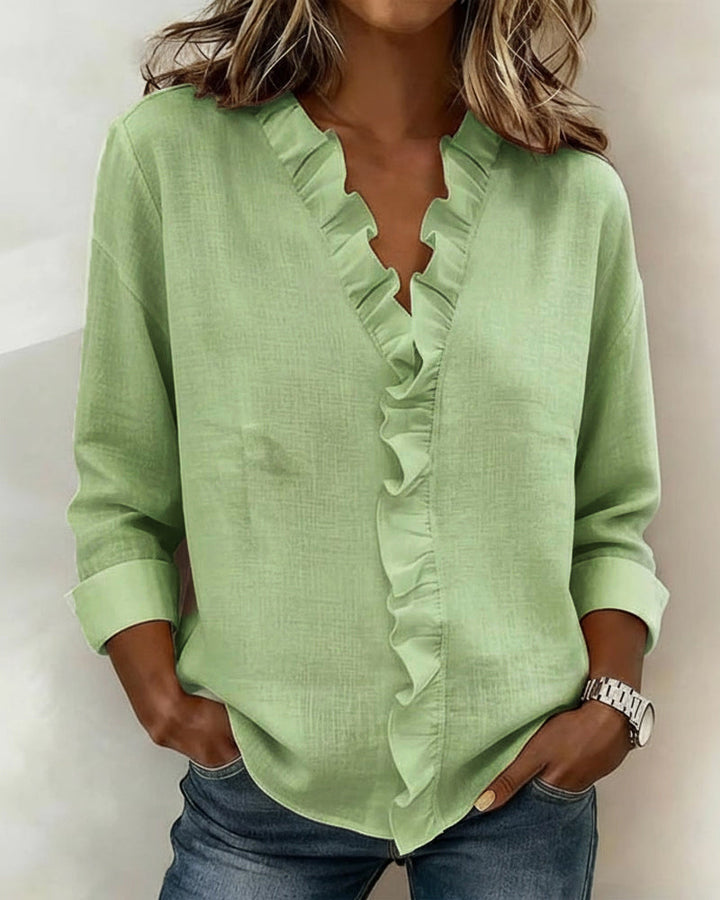 Ruffled Blouse V-Neck Long Sleeves