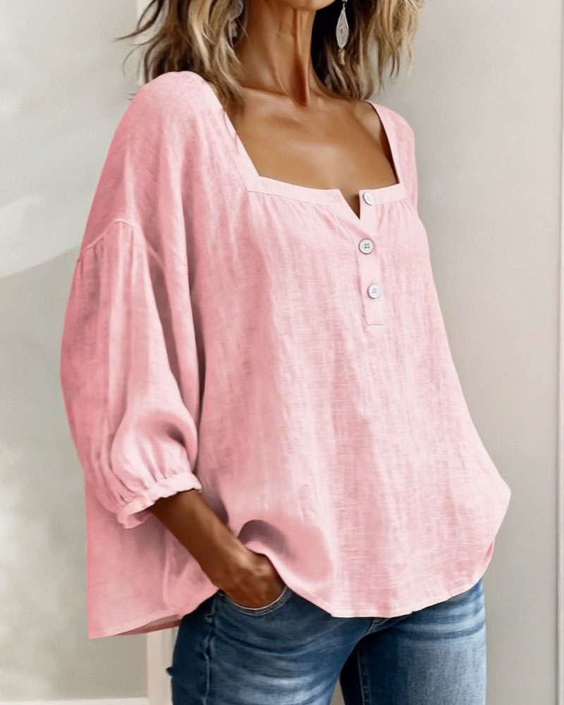 Simple Square Collar Long Sleeve Shirt