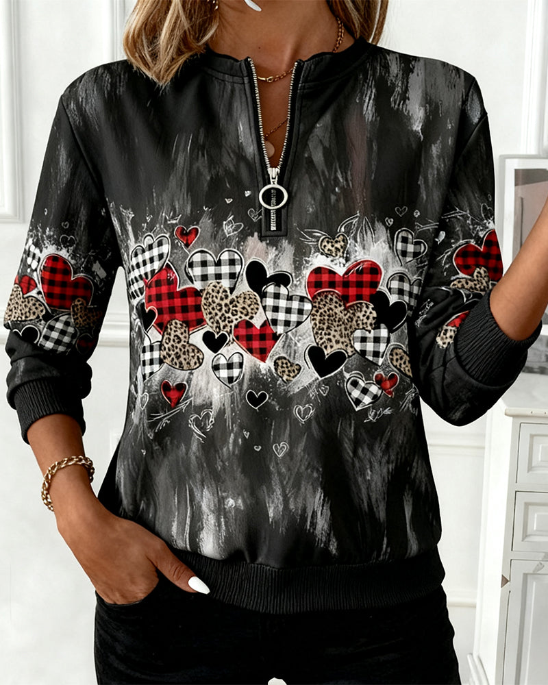 Sweatshirt with Half-Zip and Heart Print