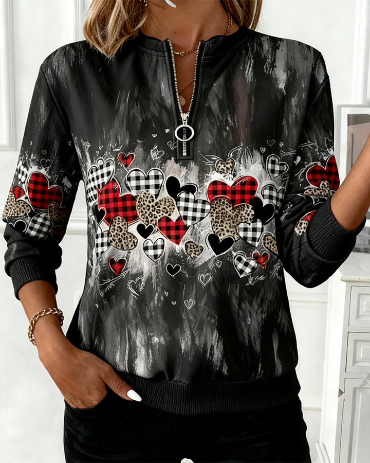 Sweatshirt with Half-Zip and Heart Print