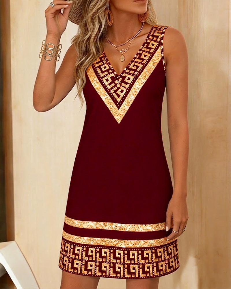 Sleeveless V-Neck Print Placement Dress