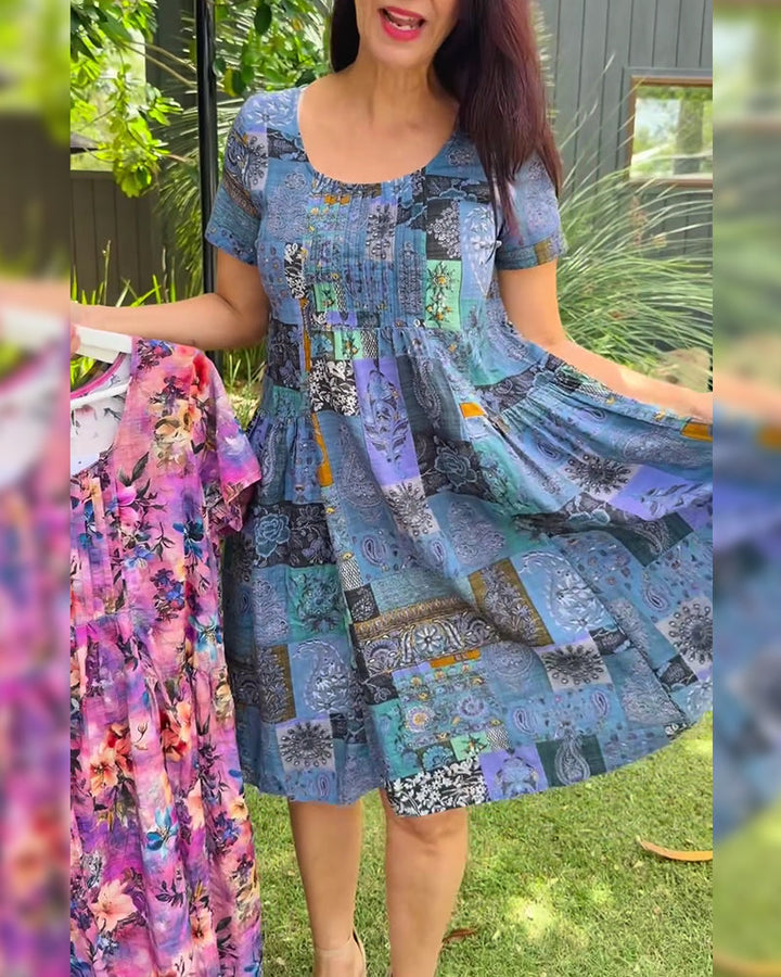 Pleated Printed A-Line Round Neck Dress