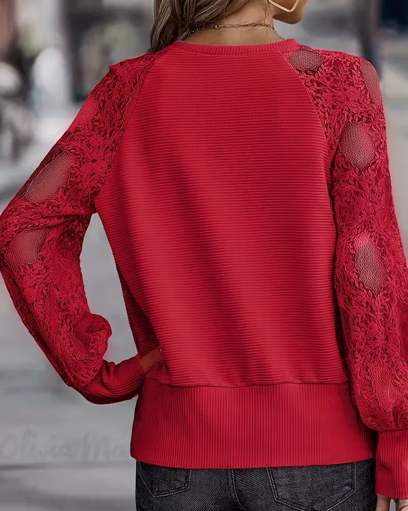 Casual Long Sleeve Lace V-Neck Blouse