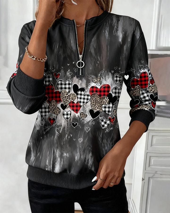Sweatshirt with Half-Zip and Heart Print