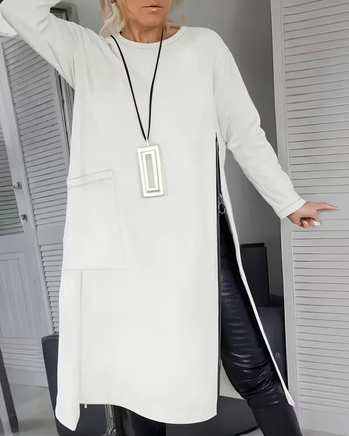 Elegant Dress with Large Pocket and Zipper Design
