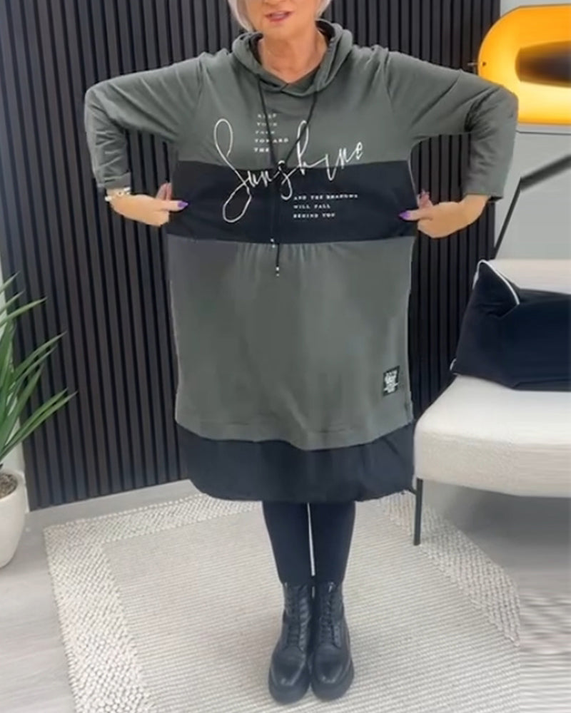 Casual Hooded Dress with Color Block Letter Print and Pocket