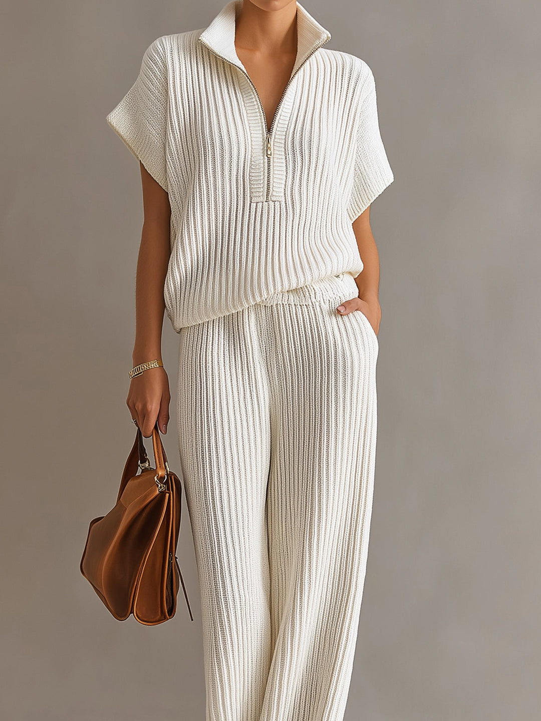 Kennedy Chic Elegant Cream White Zipper-Up Stand Collar Oversize Short-Sleeve Sweater Wide-Leg Pants Ribbed Knit Two-Piece Set