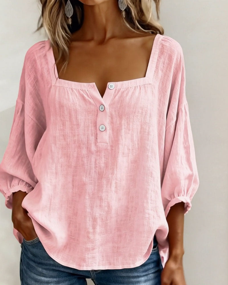 Simple Square Collar Long Sleeve Shirt