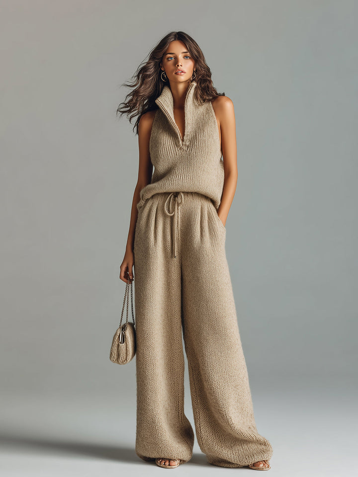 Aurora Chic Elegant Camel Stand Collar V-Neck Sleeveless Sweater Wide-Leg Pants Ribbed Knit Two-Piece Set