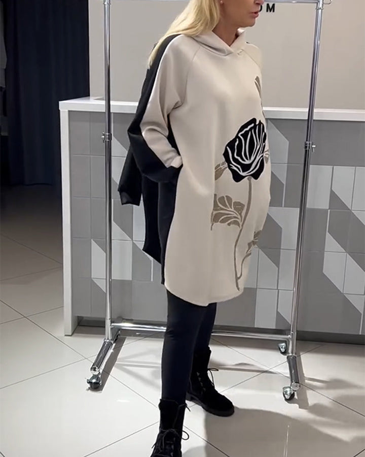 Color-Block Floral Print Hoodie Dress