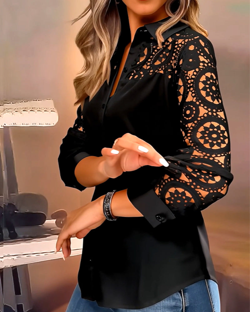 Solid Color Blouse with Lace Reverse Patchwork