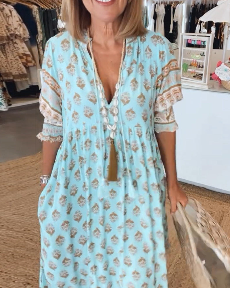 Casual Printed V-Neck Dress with Half Sleeves