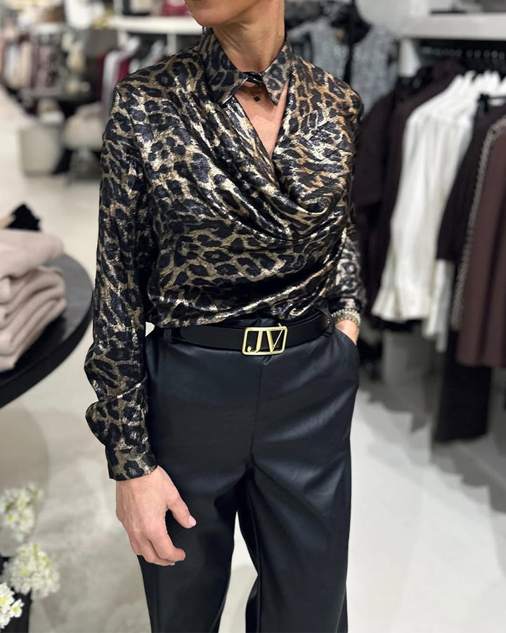 Elegant Leopard Print Blouse with Draped Collar