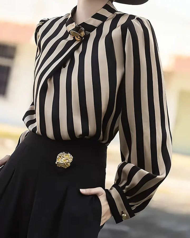 Draped Blouse with High Collar Striped