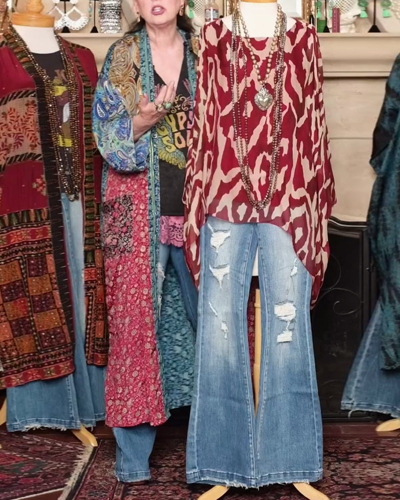 Batwing Sleeve Printed Blouse Long Sleeves