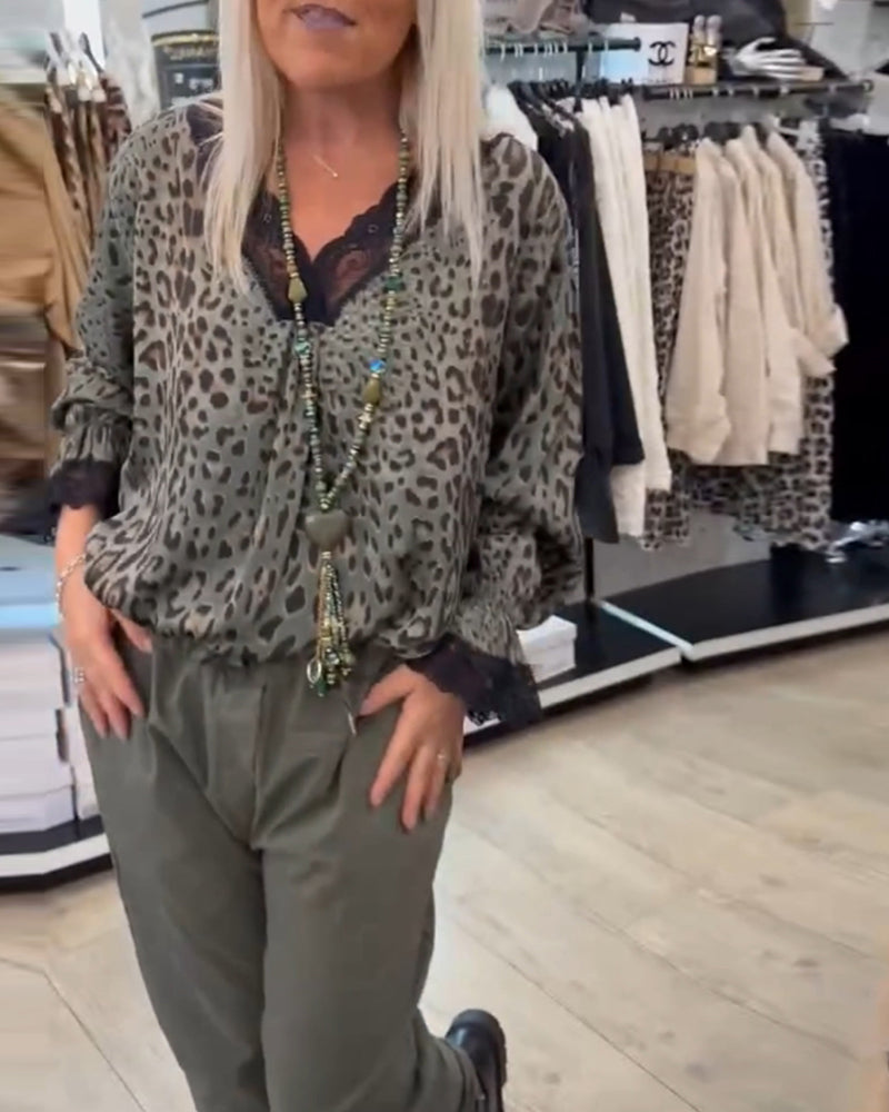 Leopard Print Blouse with V-Neck and Lace Patchwork