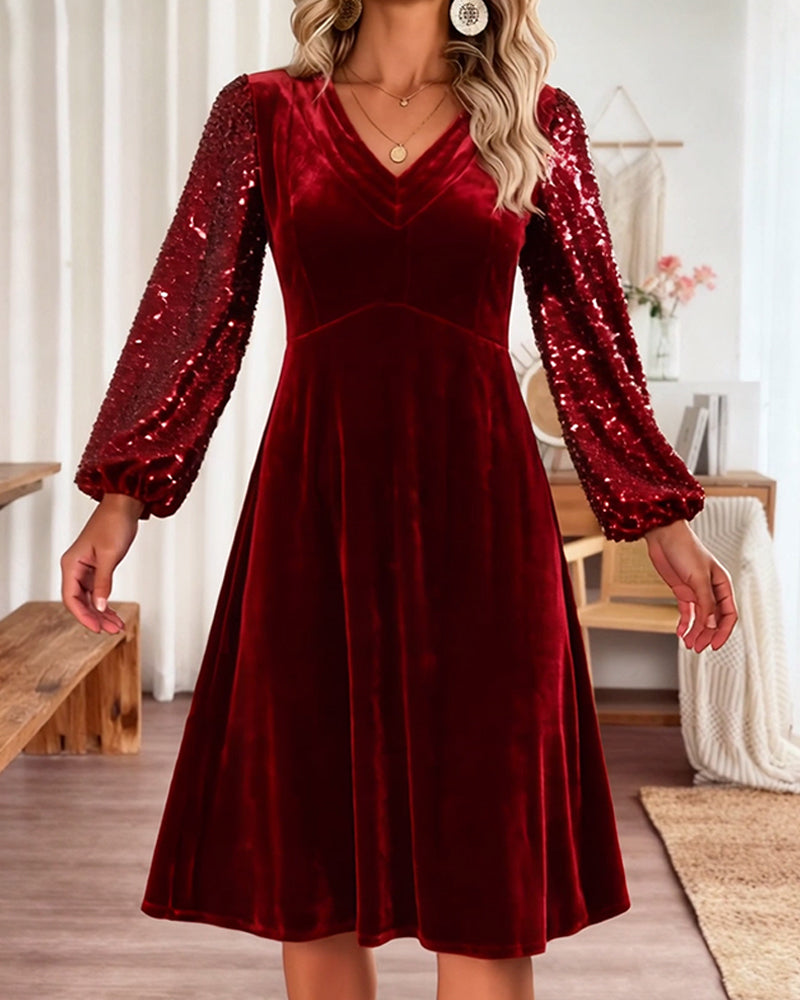 Casual Solid Velvet Dress with V-Neck