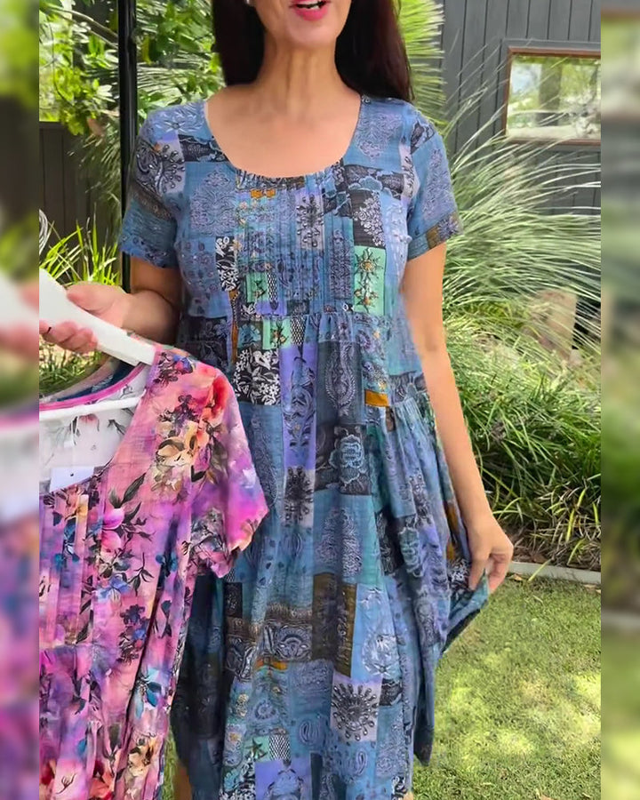Pleated Printed A-Line Round Neck Dress