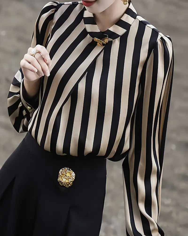 Draped Blouse with High Collar Striped