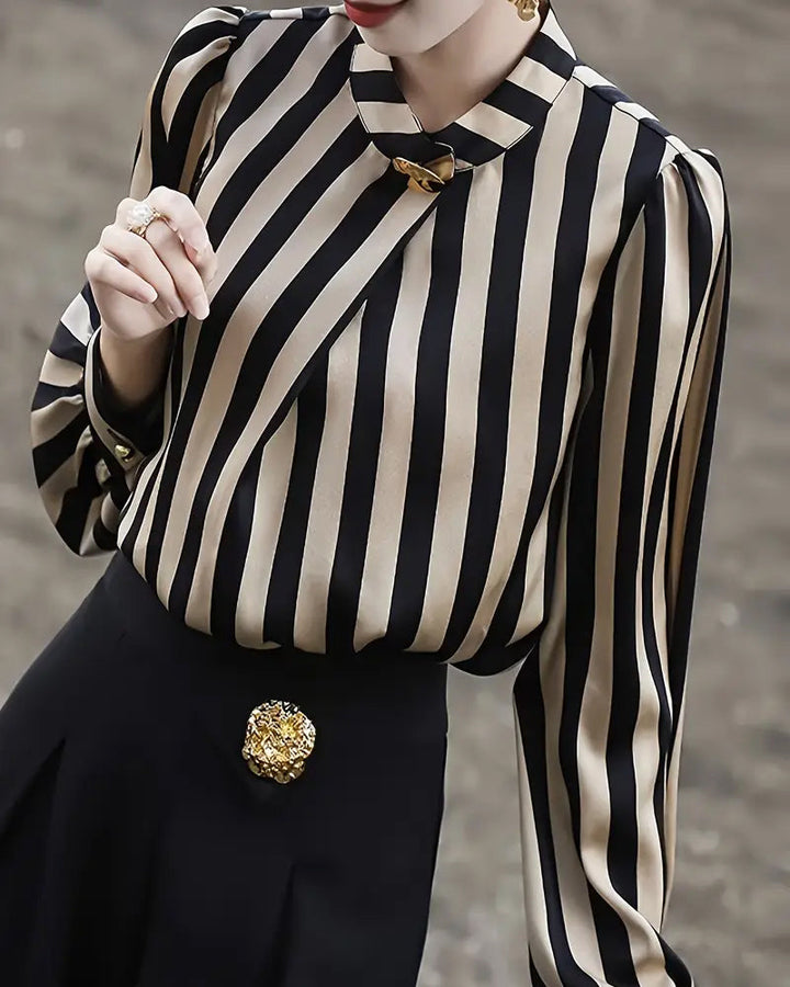 Draped Blouse with High Collar Striped