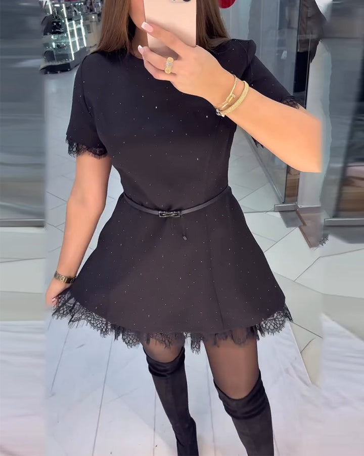 Shimmering Lace Dress with Short Sleeves and A-Line Cut