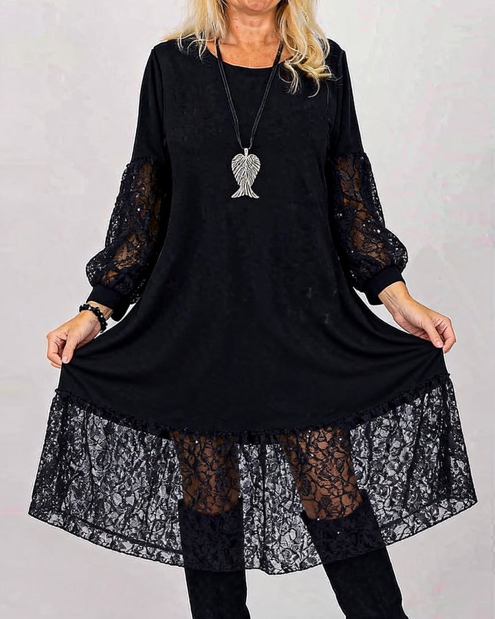 Loose Round Neck Lace Patchwork Dress