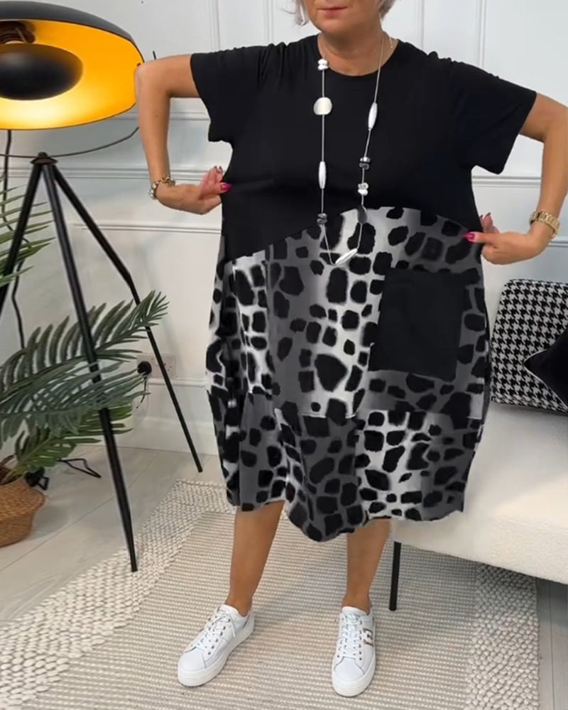 Printed Short Sleeve Dress with Round Neck