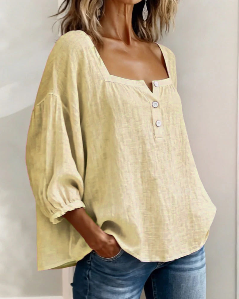 Simple Square Collar Long Sleeve Shirt