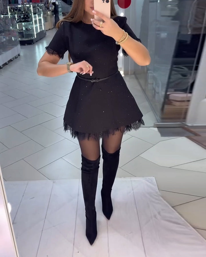 Shimmering Lace Dress with Short Sleeves and A-Line Cut