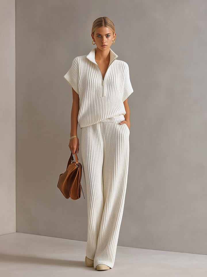 Kennedy Chic Elegant Cream White Zipper-Up Stand Collar Oversize Short-Sleeve Sweater Wide-Leg Pants Ribbed Knit Two-Piece Set