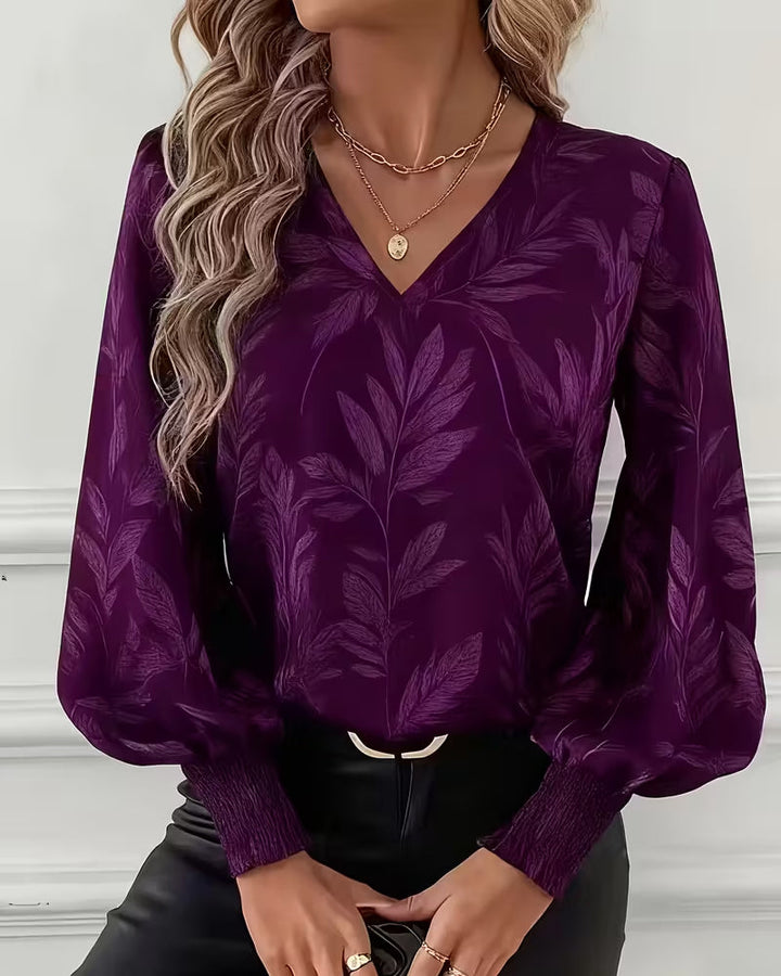 Leaf Pattern Blouse V-Neck Long Sleeves