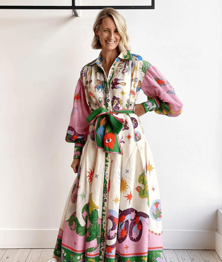 Dorthe | Colorful Print Belted Dress