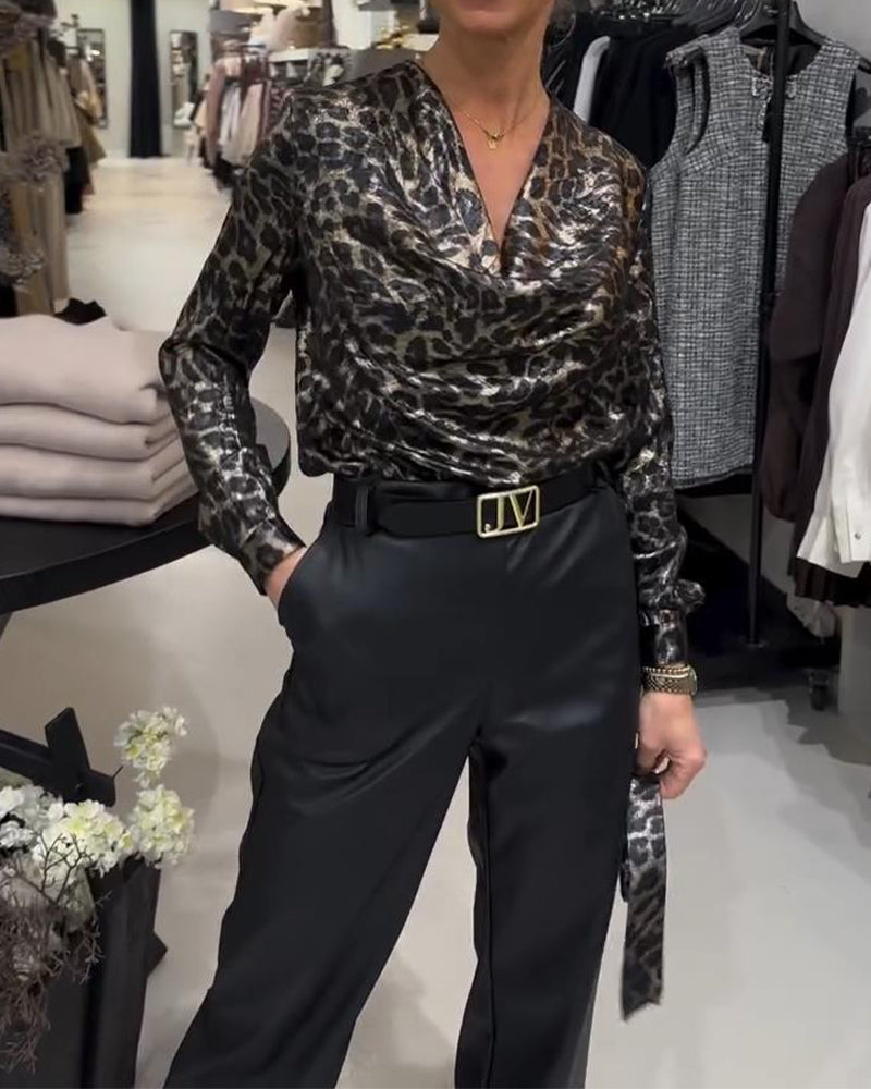 Elegant Leopard Print Blouse with Draped Collar