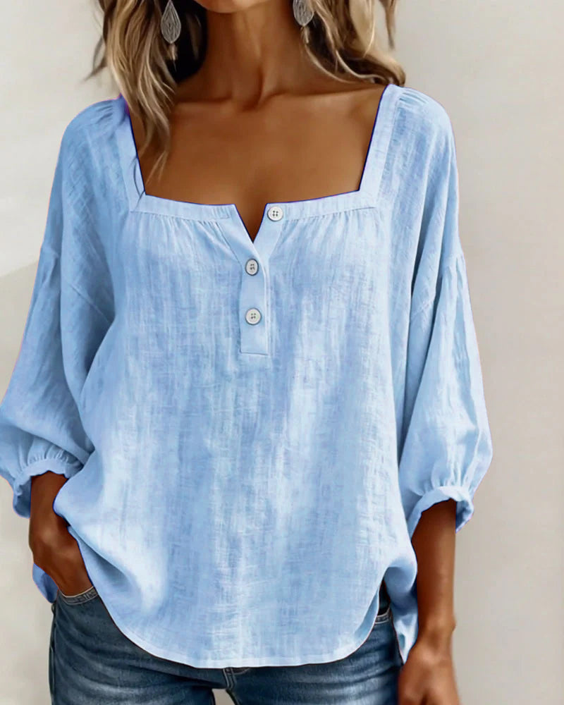 Simple Square Collar Long Sleeve Shirt