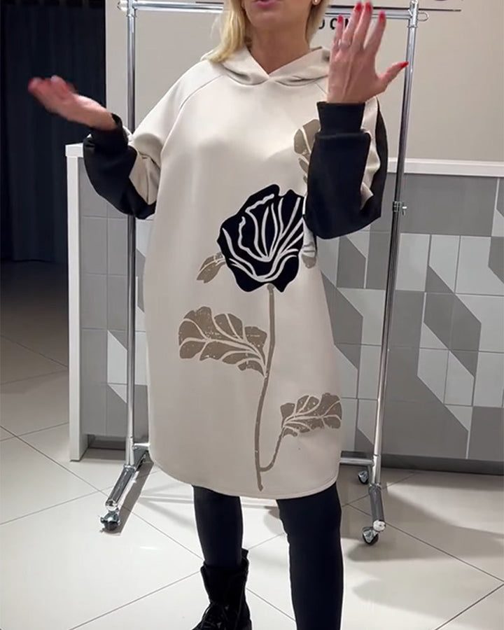 Color-Block Floral Print Hoodie Dress